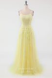 Yellow Lace Applique Prom Dresses Spaghetti Strap Evening Dress 22040-Prom Dresses-vigocouture-Yellow-Custom Size-vigocouture