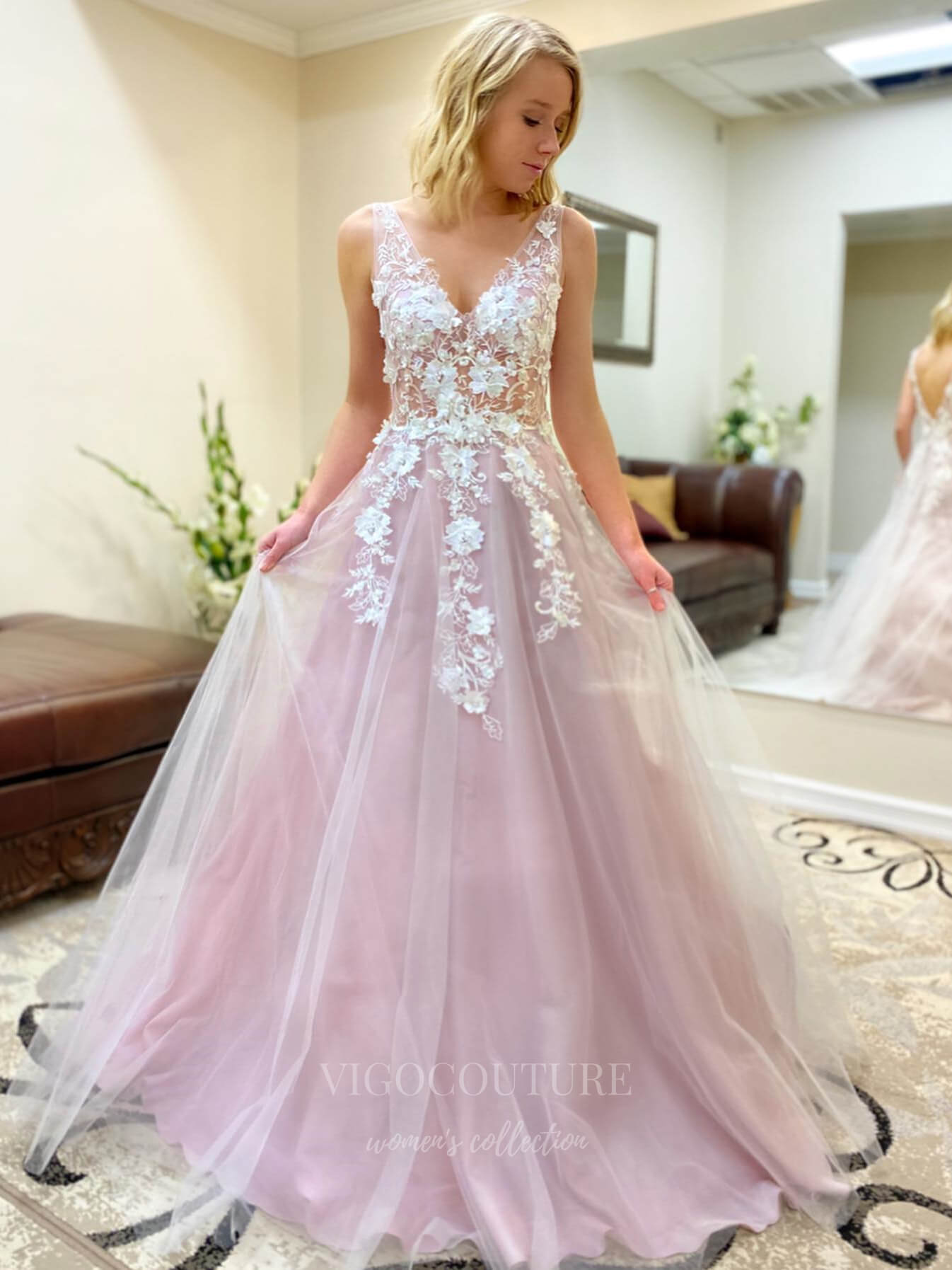 vigocouture-Lace Applique Wide Strap A-Line Prom Dress 20953-Prom Dresses-vigocouture-Blush-US2-