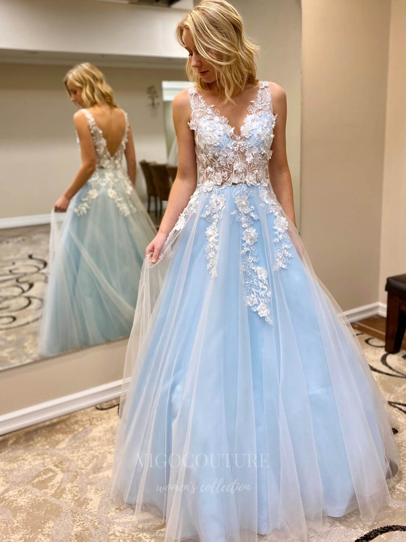 pgmdress A Line V Neck Light Blue Lace Tulle Prom Dresses Evening Dresses  US10 / Yellow, Tulle 