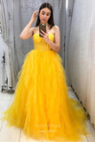Yellow Ruffled Tulle Prom Dresses Spaghetti Strap Formal Gown 21912-Prom Dresses-vigocouture-Yellow-US2-vigocouture