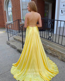 Yellow Satin Prom Dresses Spaghetti Strap Evening Dress 21985-Prom Dresses-vigocouture-Yellow-US2-vigocouture
