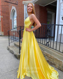 Yellow Satin Prom Dresses Spaghetti Strap Evening Dress 21985-Prom Dresses-vigocouture-Yellow-US2-vigocouture