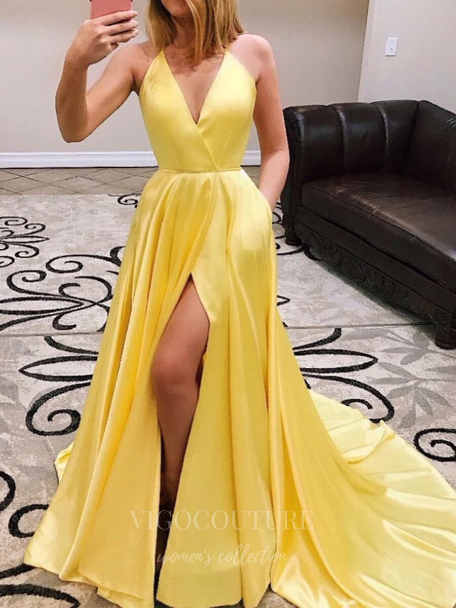 vigocouture-Yellow Satin Plunging V-Neck Prom Dress 20616-Prom Dresses-vigocouture-