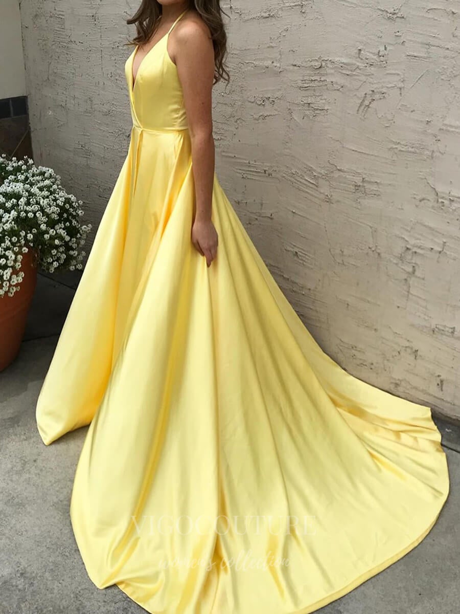 Halter Neck Yellow Satin Beaded Long Prom Dresses, Yellow Halter Neck Long  Formal Evening Dresses