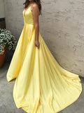 vigocouture-Yellow Satin Plunging V-Neck Prom Dress 20616-Prom Dresses-vigocouture-