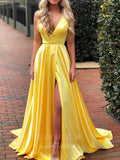 Yellow Satin Prom Dresses with Slit Plunging V-Neck Spaghetti Strap Evening Dress 20616