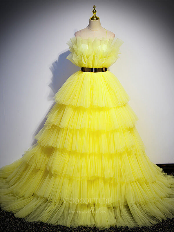vigocouture-Yellow Tiered Quinceanera Dresses Spaghetti Strap Sweet 16 Dresses 20907-Prom Dresses-vigocouture-Yellow-Custom Size-